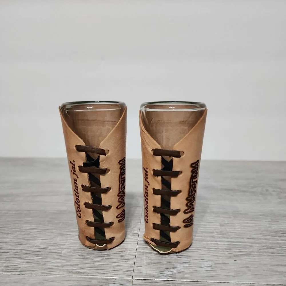 Mexico Tooled Leather Shot Glass‎ Travel Souvenir Set Of 2